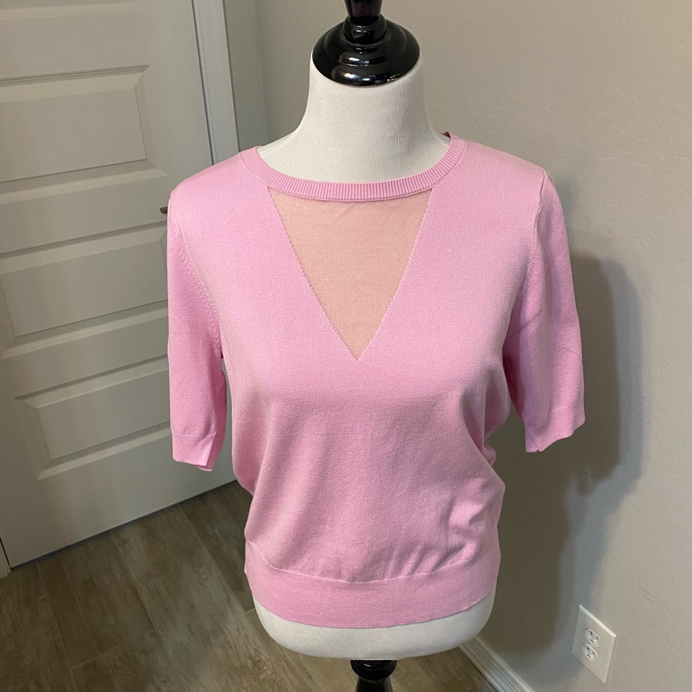 Dkny Pink V-Neck Sweater with Short Sleeves and Fine-Knit Texture NWT